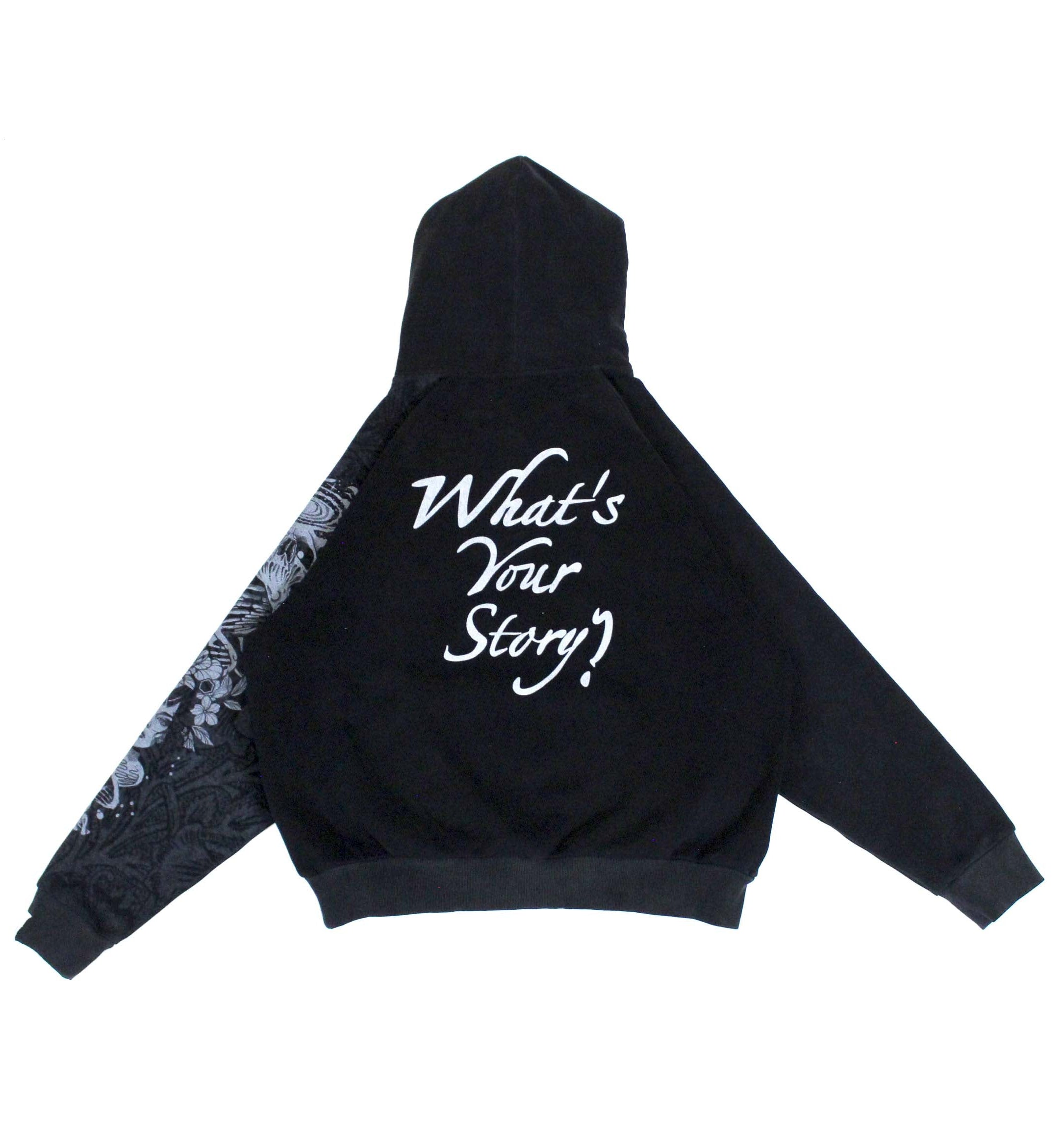 Black hoodie with 'What's Your Story?' text on a white background