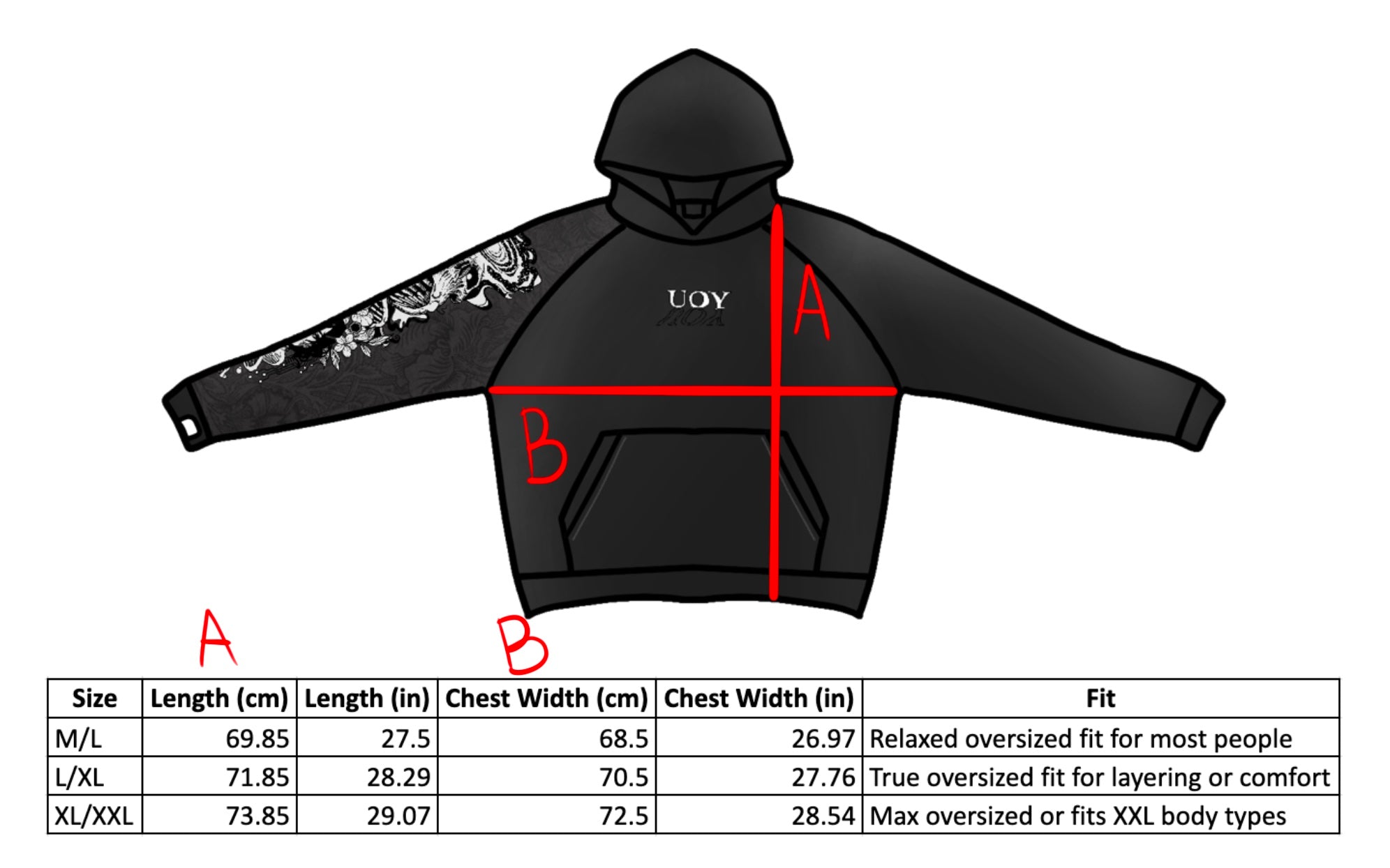 Black hoodie with measurement chart on a white background